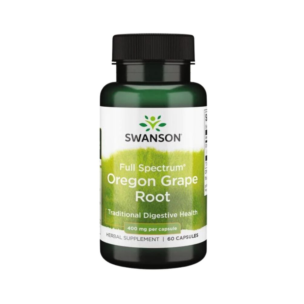 Grüne Flasche mit schwarzen Deckel. Aufschrift: SWANSON, Oregon Grape Root, 60 Kapseln. Traditionelle Verdauungsgesundheit.