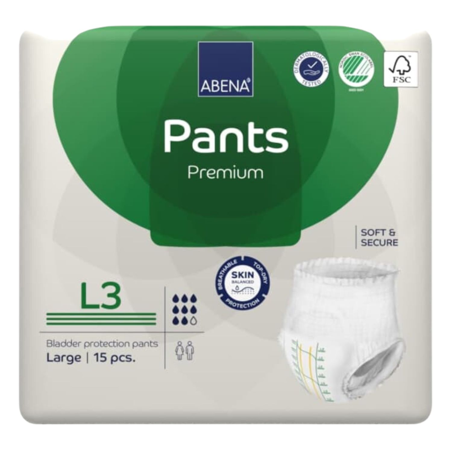 Verpackung Abena Pants Premium L3. Grün-weiße Verpackung mit Produktabbildung. FSC-Zertifizierung. 15 Stück.