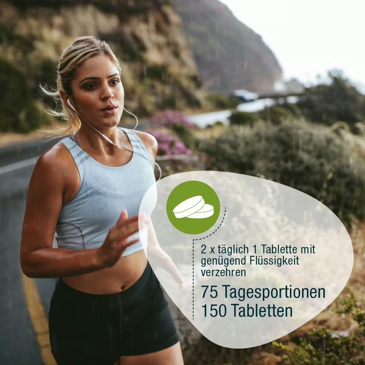Läuferin auf Straße. Grafik mit Tabletten und Text: 75 Tagesportionen, 150 Tabletten. 'Eisen & Vitamin C'.
