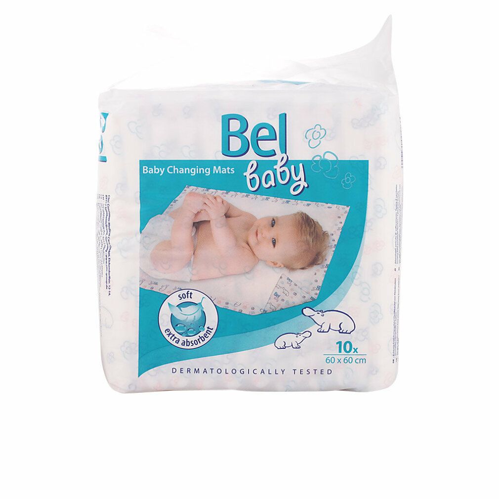 Verpackung mit Bel Baby Wickelunterlagen. Zehn Stück, 60x60cm. Weich und extra saugfähig. Dermatologisch getestet. Baby auf der Verpackung.