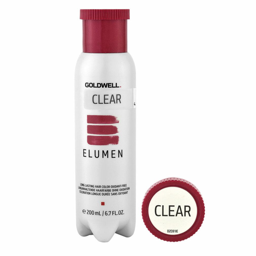 Goldwell ELUMEN CLEAR, Haarfarbe, weiße Flasche mit rotem Deckel und separatem Deckel. Text: CLEAR, ELUMEN, 200 ml/6.7 FL.OZ. Oxidationsmittelfrei.