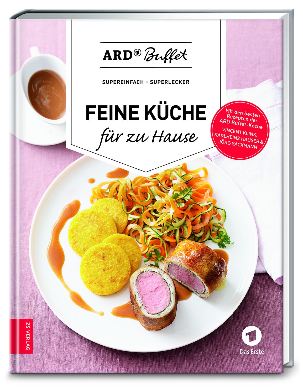Kochbuch "ARD Buffet - Feine Küche für zu Hause". Auf dem Cover: Teller mit Essen, Logo und Schriftzug.