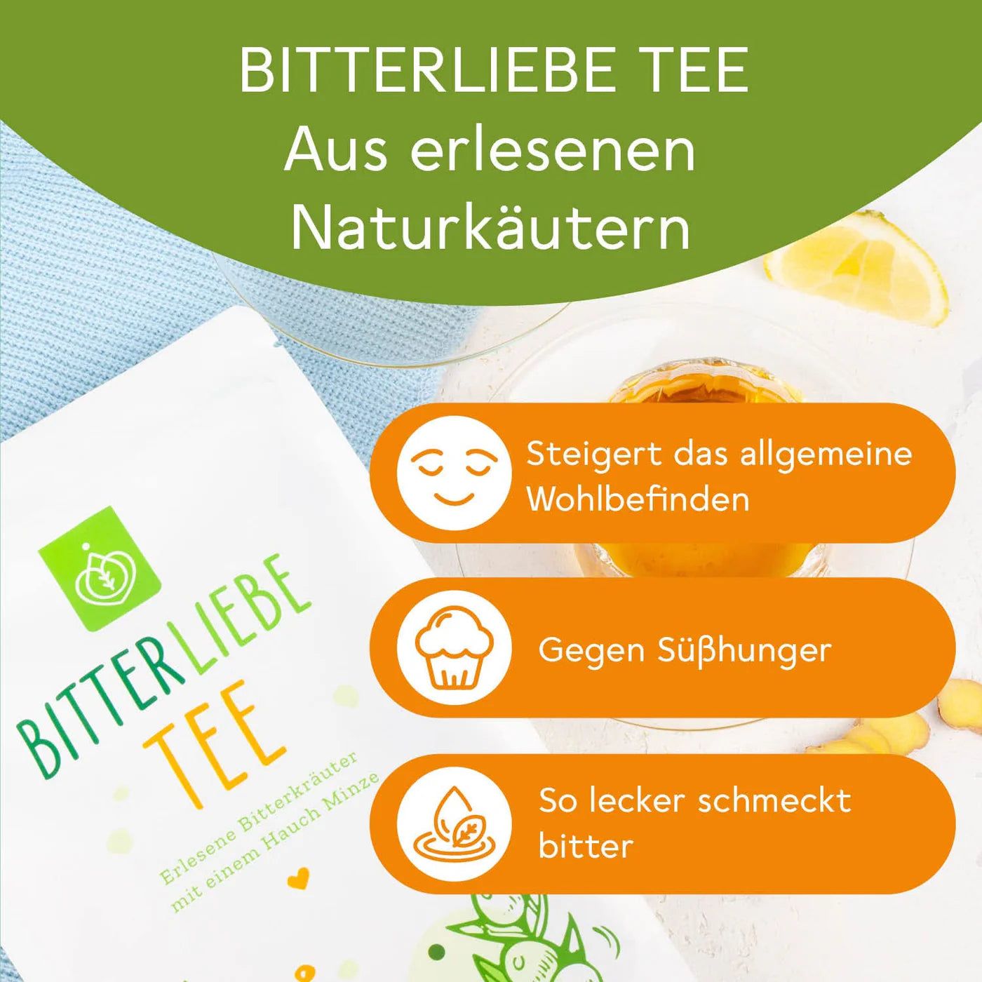 Weißer Beutel Bitterliebe Tee neben Infografik mit Vorteilen. Tasse Tee und Zitrone im Hintergrund.