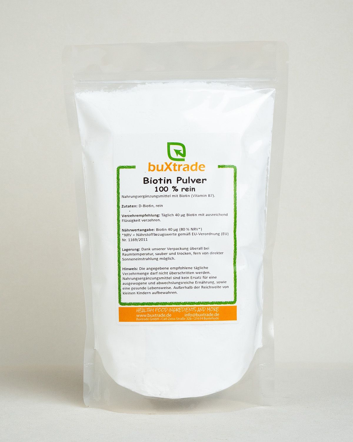 Ein Beutel buxtrade Biotin Pulver 100% rein mit Nährwertangaben.