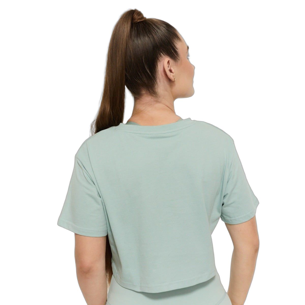 Rückansicht eines hellgrünen, kurz geschnittenen Damen-T-Shirts mit Rundhalsausschnitt.