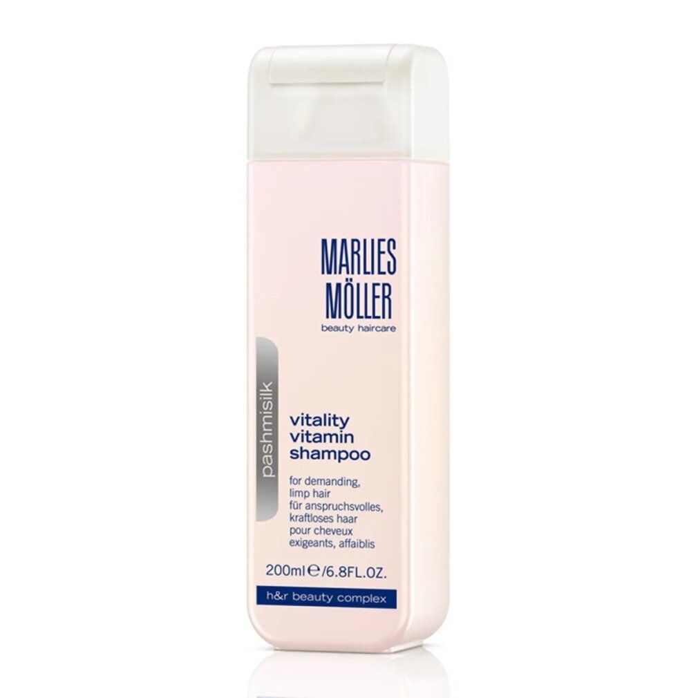 Rosa Flasche mit weißem Deckel. Aufschrift: Marlies Möller, Pashmisilk Vitality Vitamin Shampoo. 200ml/6.8FL.OZ.