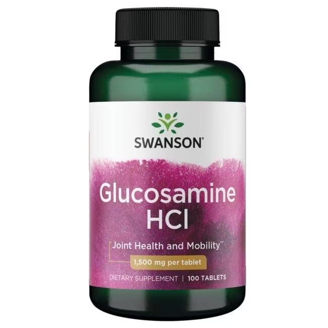 Grüne Flasche mit schwarzem Deckel. Aufschrift: SWANSON, Glucosamin HCI, 1.500 mg pro Tablette. 100 Tabletten.