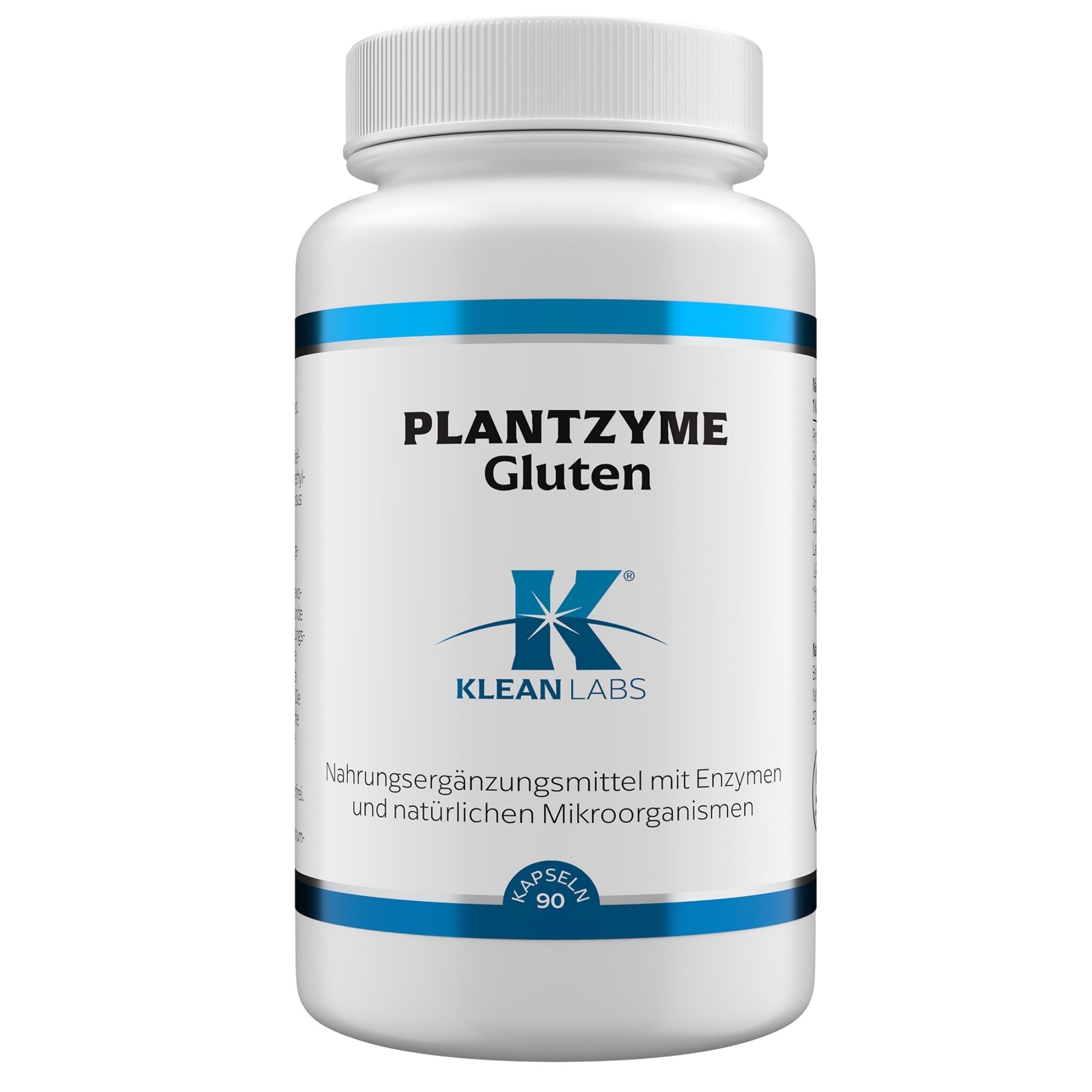 Weiße Flasche mit blauem Streifen und Aufschrift PLANTZYME Gluten. Logo von KLEAN LABS. Kapseln 90.