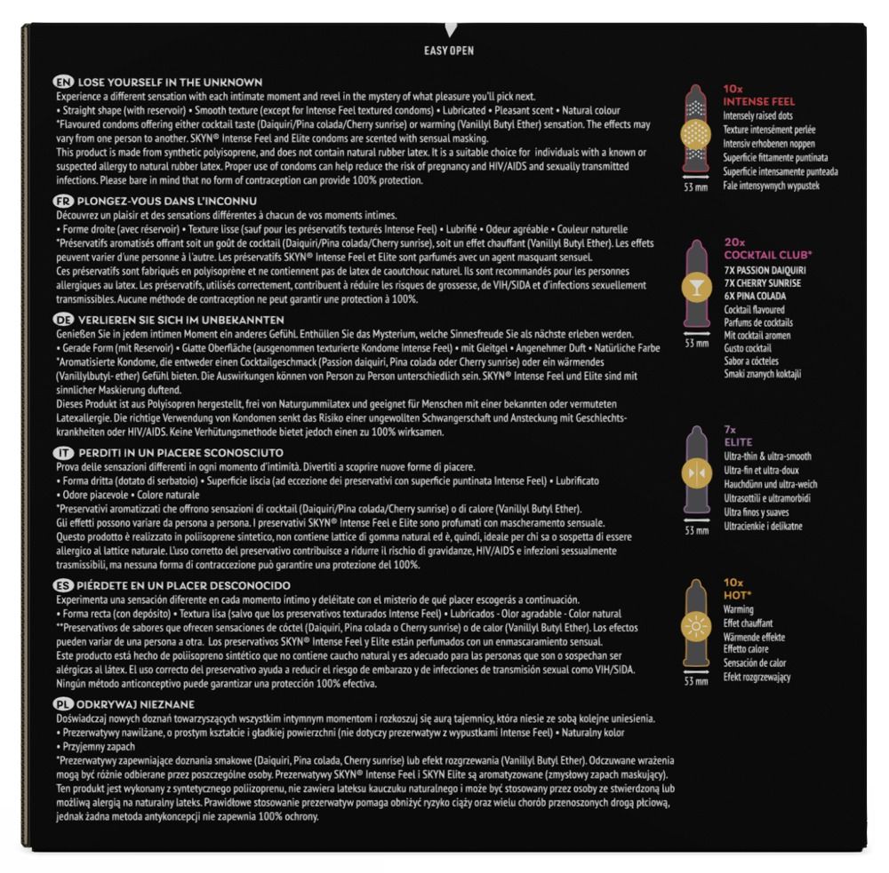 Schwarze Verpackung, Innenseite. Text in mehreren Sprachen. Abbildungen von Kondomen. Informationen zu verschiedenen Varianten.