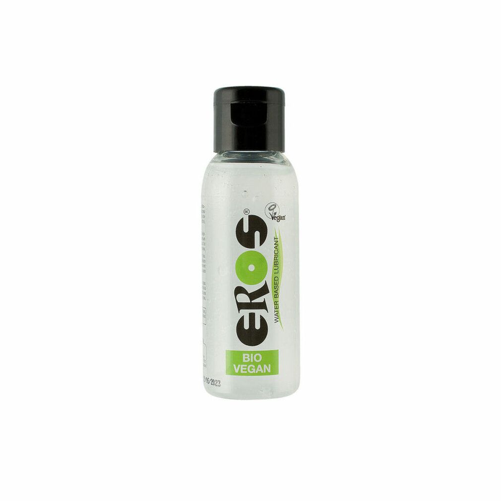 Klare Flasche mit schwarzem Deckel. Aufschrift: EROS, BIO VEGAN. Vegan-Siegel.