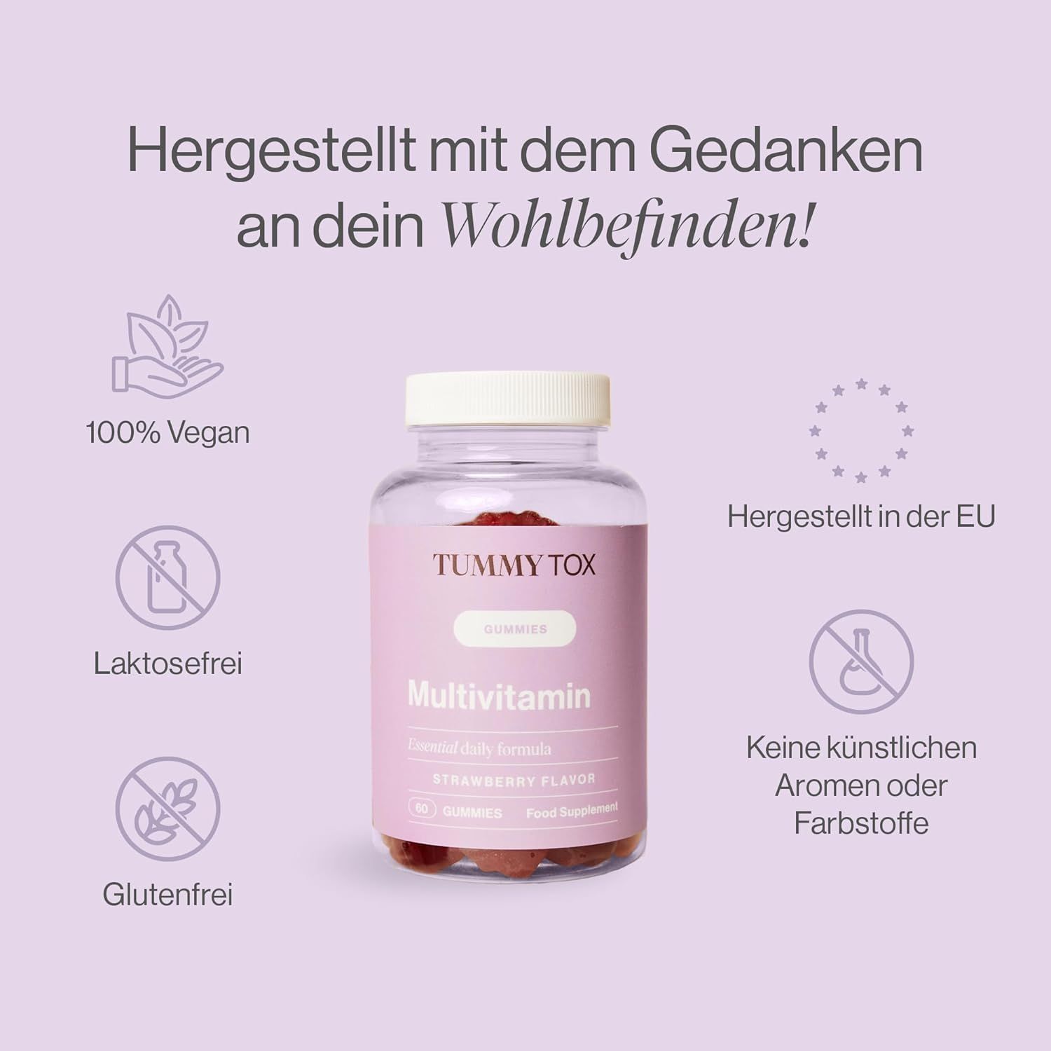 Flasche TummyTox Multivitamin Gummibärchen. Text: 100% Vegan, Laktosefrei, Glutenfrei, Hergestellt in der EU, Keine künstlichen Aromen oder Farbstoffe.
