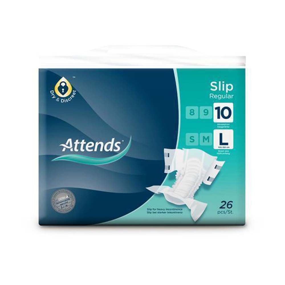 Attends Slip Regular 10 L. Verpackung mit Inkontinenzprodukten. Produktabbildung mit Größenangabe. 26 Stück pro Packung.