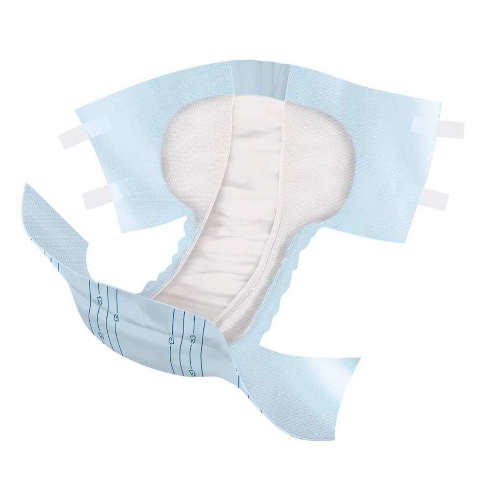 Hellblaue Inkontinenz-Slip mit weißen Innenteil. Mit Klebestreifen und blauen Markierungen. Offene Ansicht.