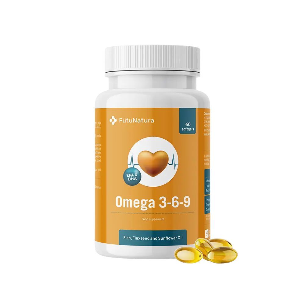 Weiße Flasche mit orangefarbenem Etikett. Aufschrift: Omega 3-6-9, 60 Softgels. Einige Kapseln liegen daneben.
