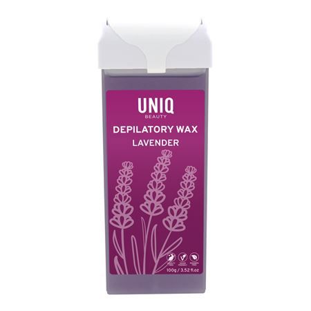 UNIQ BEAUTY Depilatory Wax Lavendel-Kassette mit Lavendelmotiv und 100g/3.52oz Angabe.
