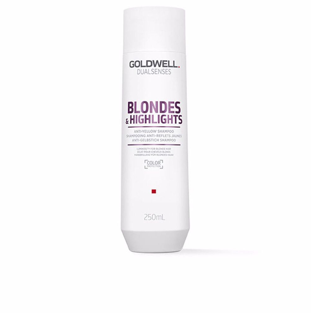 Weiße Flasche mit lila Aufschrift Goldwell Blondes & Highlights Anti-Gelbstich Shampoo. 250ml. Color Protection.