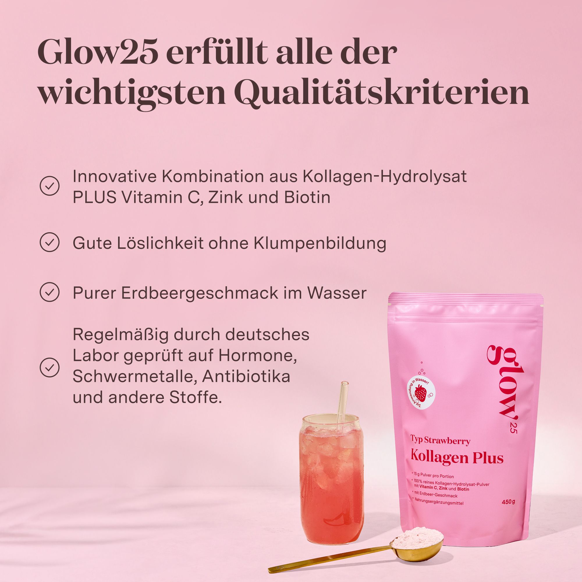 Produkt mit Text: "Glow25 erfüllt alle der wichtigsten Qualitätskriterien". Produkt, Glas mit Getränk, Löffel mit Pulver.