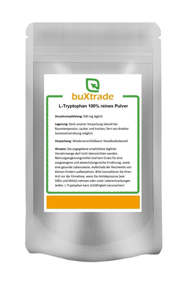 Beutel mit L-Tryptophan Pulver. Aufdruck: buXtrade, L-Tryptophan 100% reines Pulver. Wiederverschließbar.