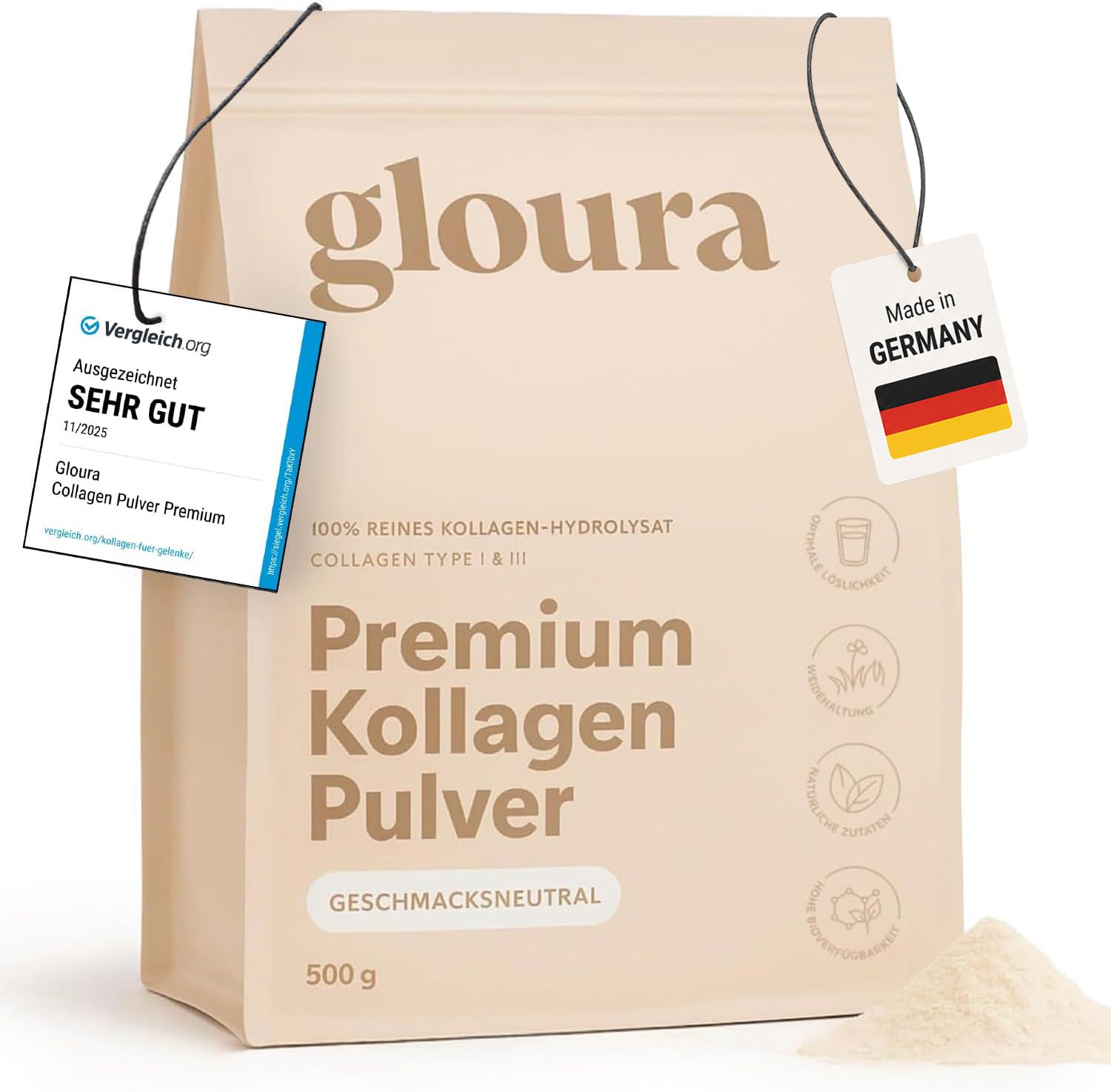 Pulverbeutel mit Gloura®-Logo. Text: Premium Kollagen Pulver. Sehr Gut.