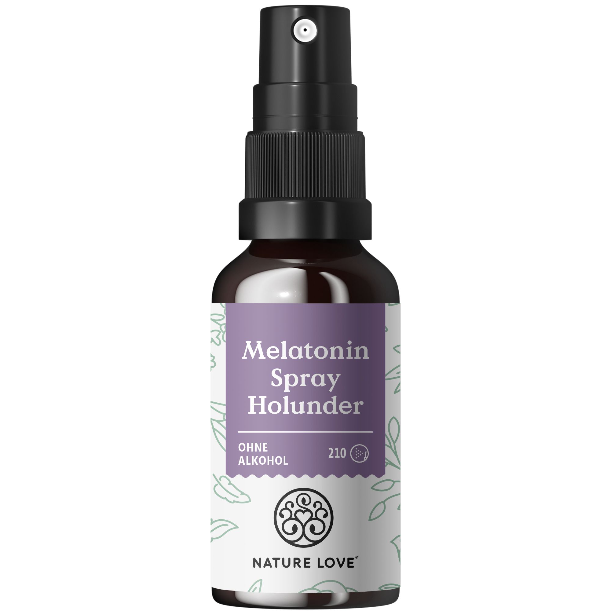 Braune Sprühflasche mit lila Etikett. Aufschrift: Melatonin Spray Holunder, ohne Alkohol. Marke: NATURE LOVE®.