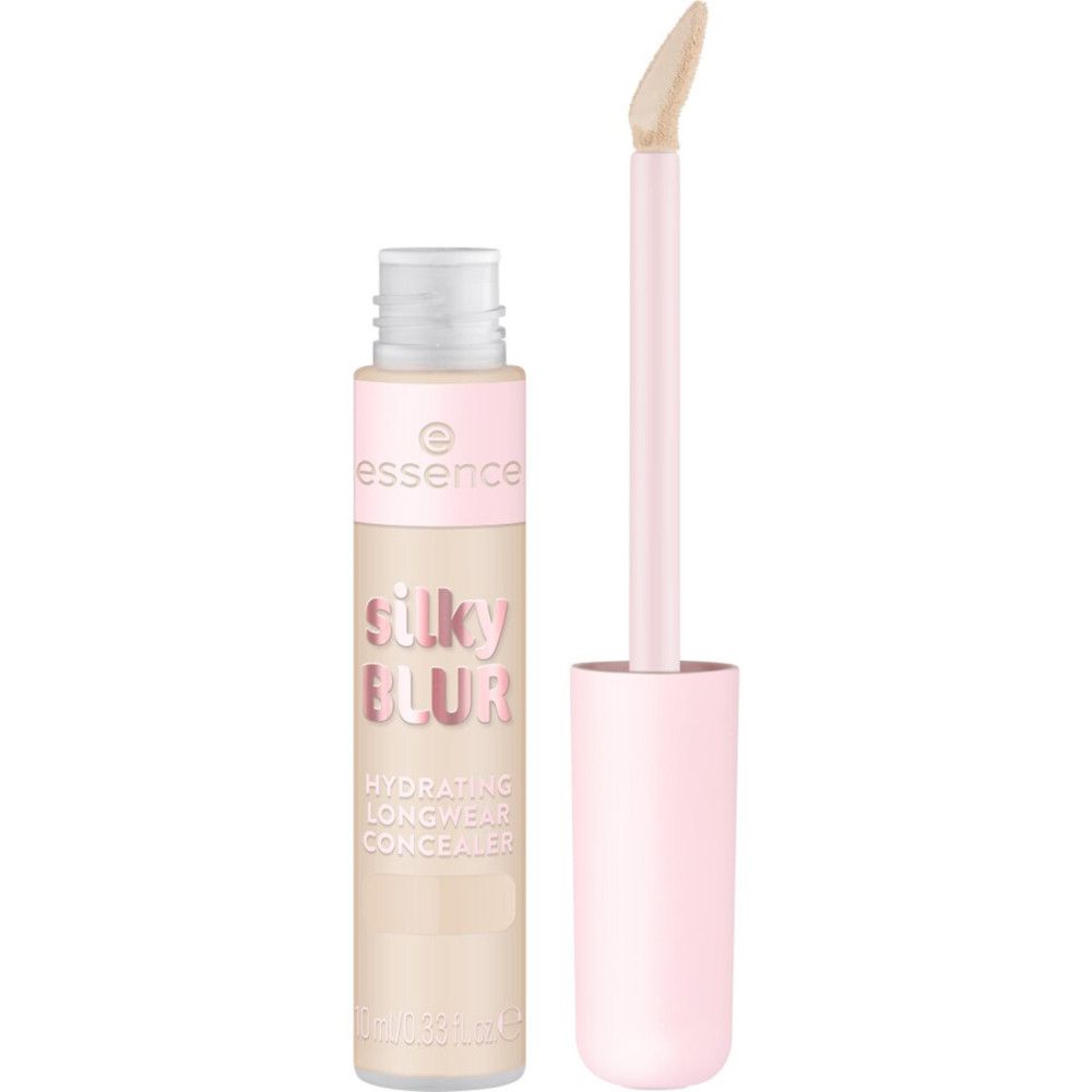 Beige Concealer-Fläschchen mit rosa Deckel und Applikator. Aufschrift: Silky Blur Hydrating Longwear Concealer. Marke: Essence.