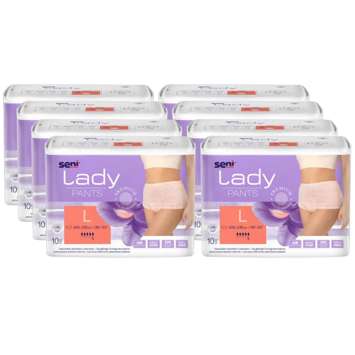 Mehrere Packungen Seni Lady Pants L. Lila Verpackung mit Produktabbildung und Größenangabe.