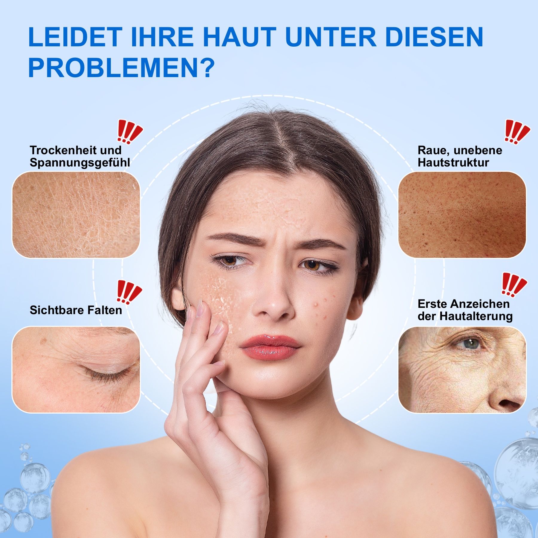 Frau mit Hautproblemen. Text: Trockenheit, Falten, unebene Hautstruktur, Anzeichen von Alterung. Blasen.