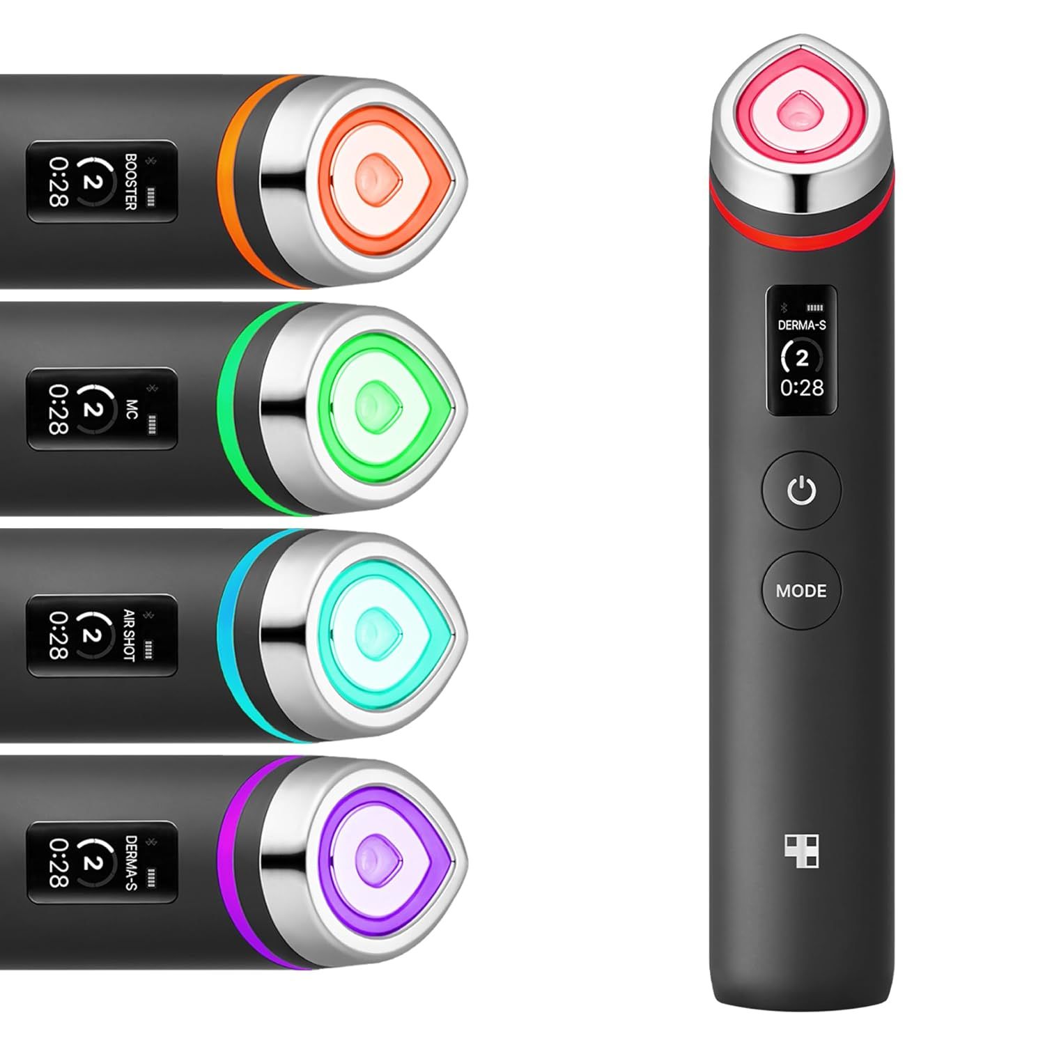 Schwarzes Gerät mit LED-Leuchten. Vier Modi: Booster, MC, Air Shot, Derma Shot. Bedienfeld mit Tasten.