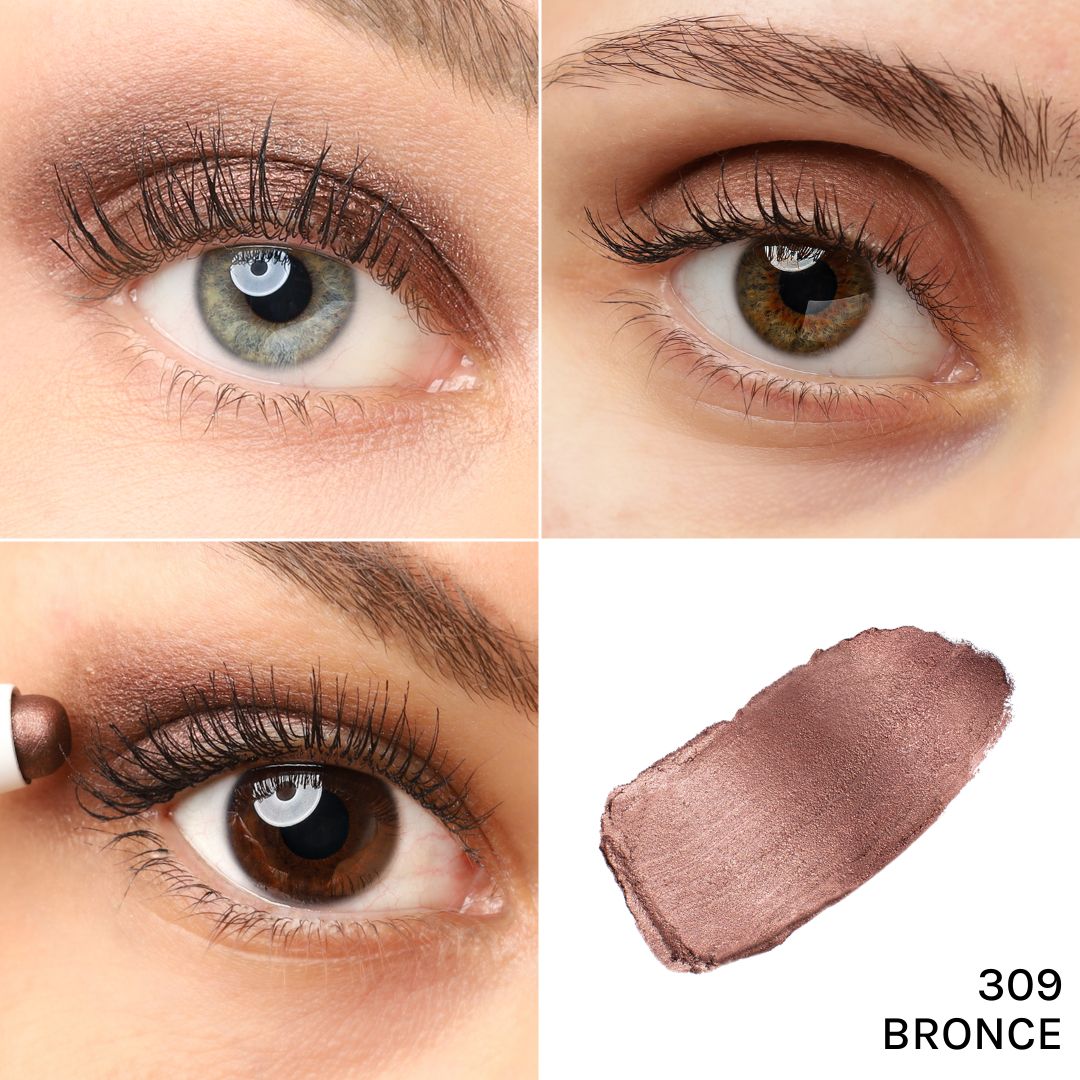 Nahaufnahmen von Augen mit Lidschatten. Verschiedene Augenfarben. Lidschatten in Bronze-Farbe aufgetragen. Produkt-Swatch.