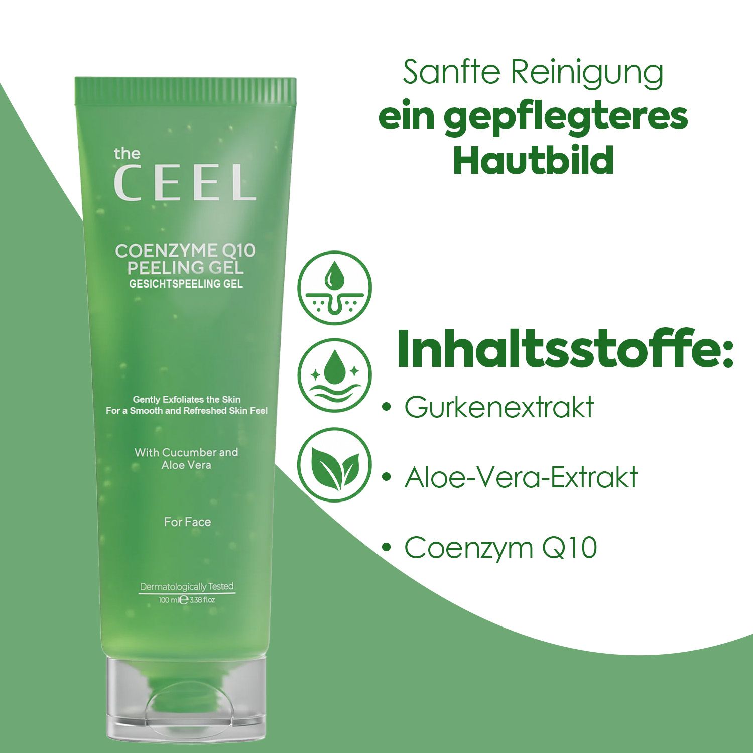 THE CEEL Peeling Gel mit Symbolen für Inhaltsstoffe: Gurke, Aloe Vera, Coenzym Q10.