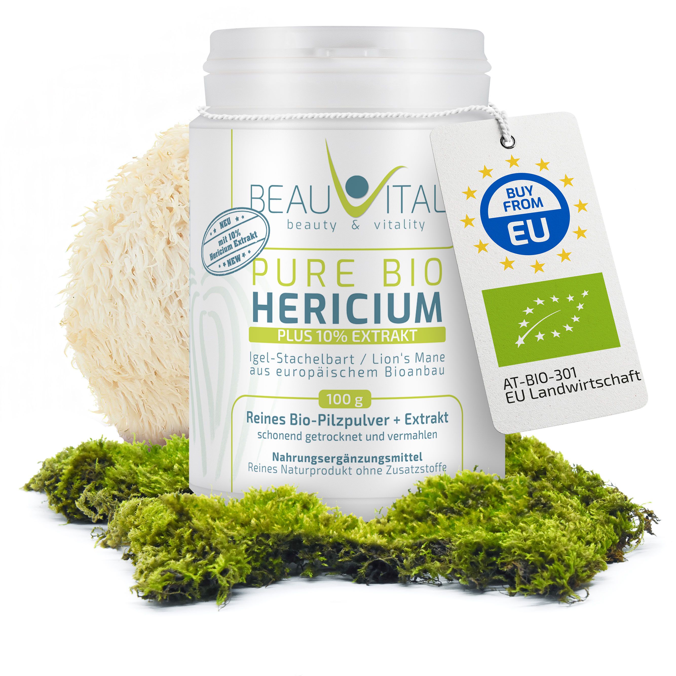 BEAUVITAL Pure Bio Hericium Pulver in weißem Behälter mit EU Bio-Siegel und Löwenmähnepilz.