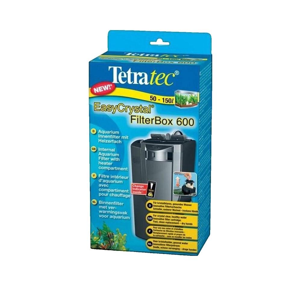 Tetratec EasyCrystal FilterBox 600. Schwarzer Innenfilter mit Heizfach in Verpackung. Blaue Box mit Produktname und Beschreibung.