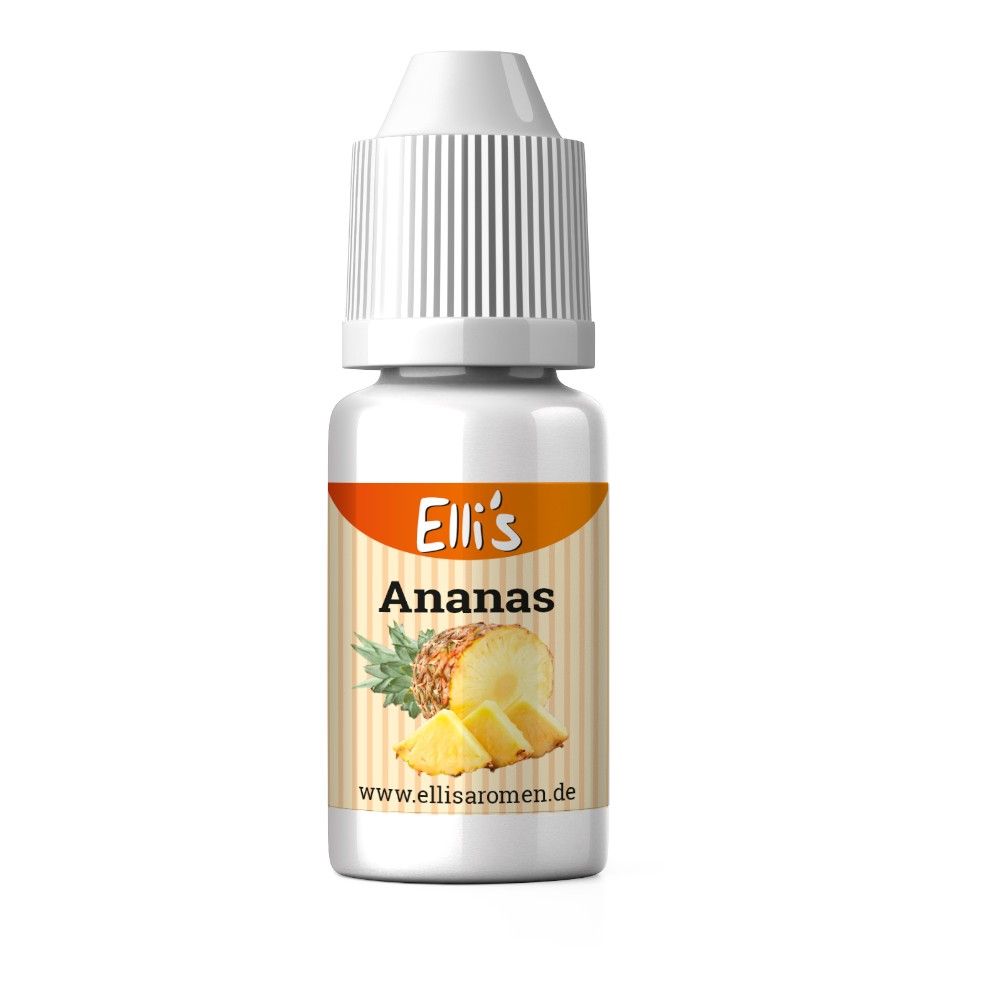 Fläschchen mit weißem Deckel. Etikett mit "Elli's Ananas" und Ananas-Illustration. www.ellisaromen.de.