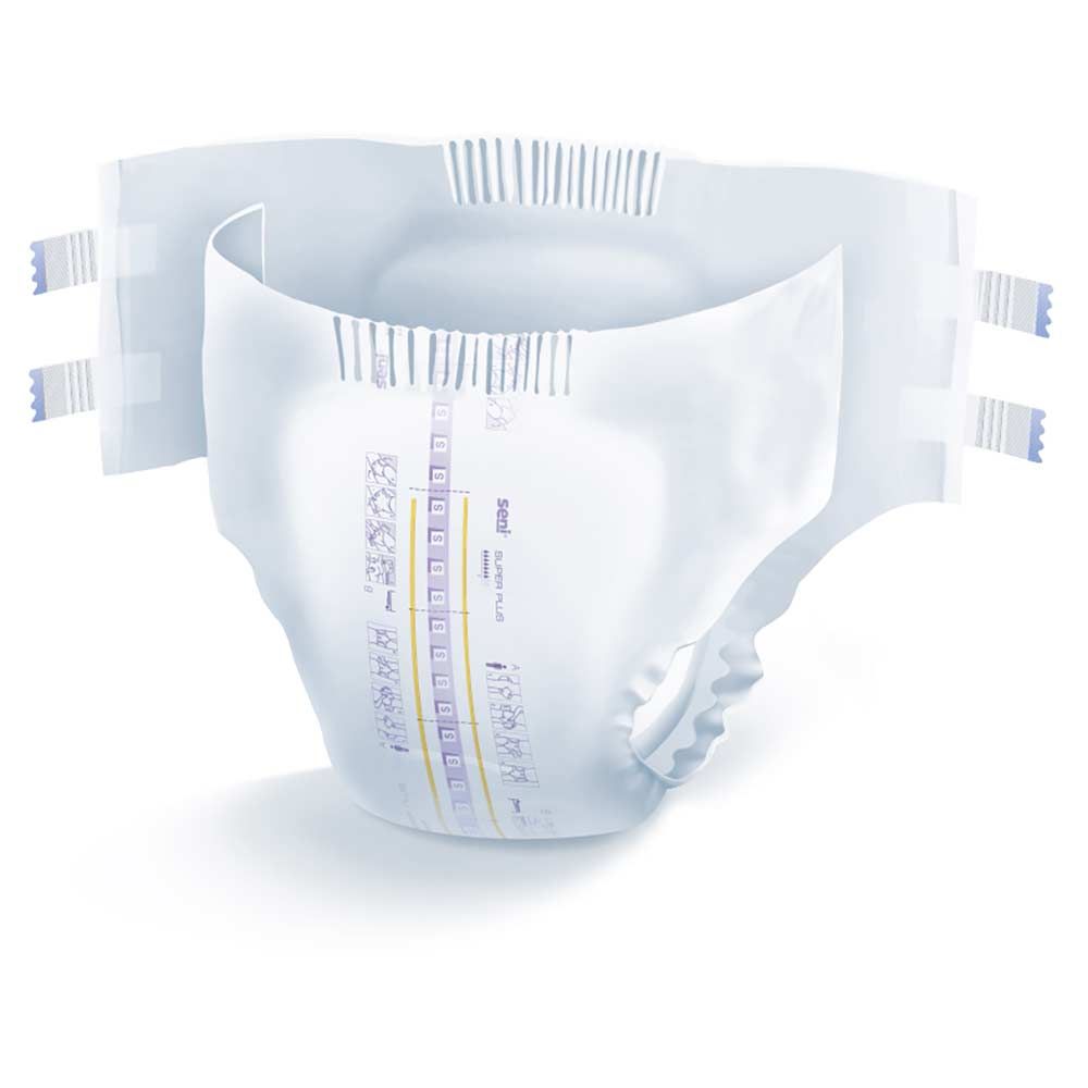 Weiße Inkontinenzhose. Sichtbare Merkmale: seitliche Klebestreifen, gelbe Indikatorstreifen, anatomische Form.