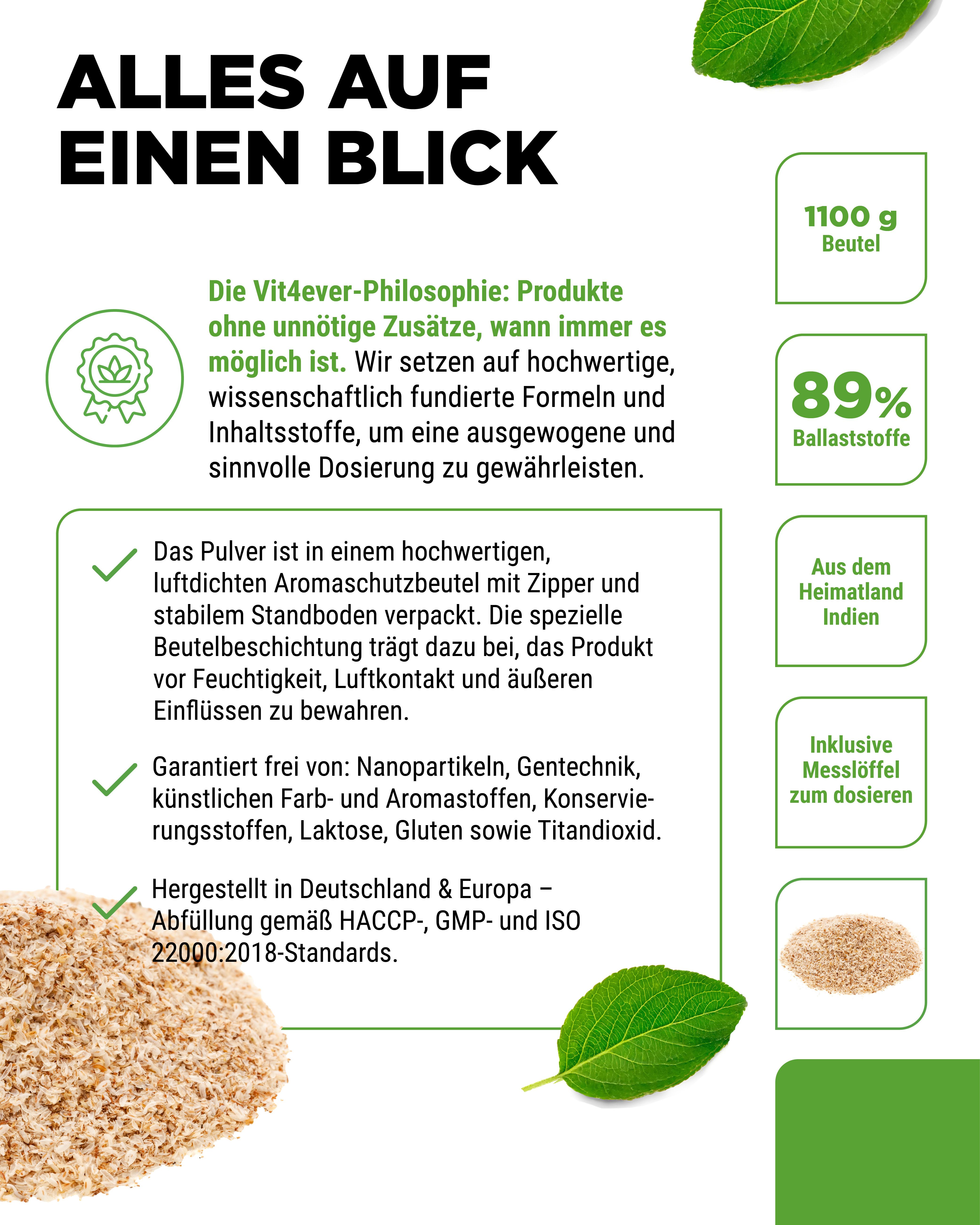 Produktinformationen. Aufschrift: Vit4ever, 1100g Beutel, 89% Ballaststoffe, aus Indien, Messlöffel. Zertifizierungen: HACCP, GMP, ISO 22000.
