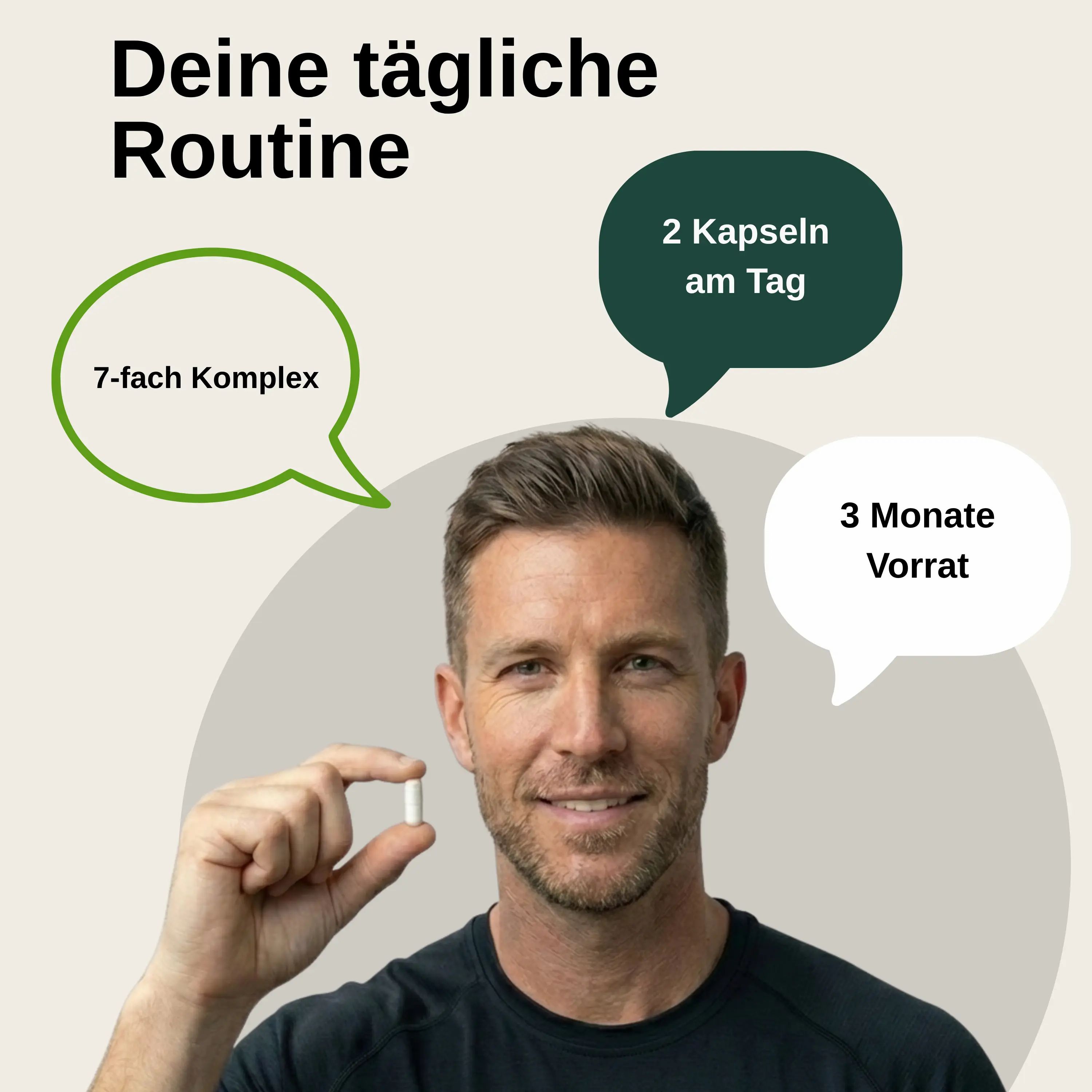 Mann hält Kapsel. Vita Elements: 7-fach Komplex, 2 Kapseln täglich, 3 Monate Vorrat für die tägliche Beauty-Routine.
