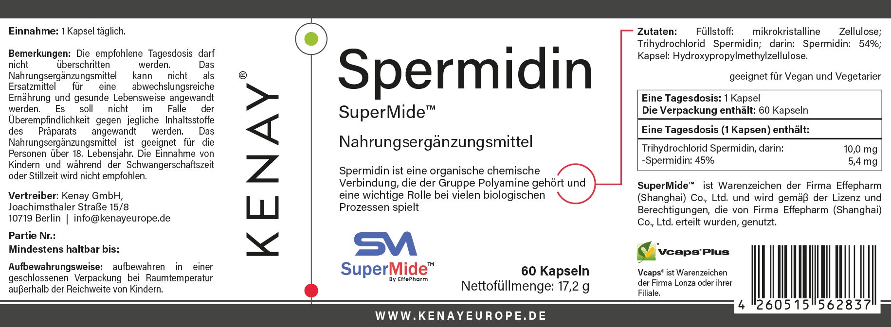 Weißes Etikett mit Text. Aufschrift: Spermidin SuperMide, Nahrungsergänzungsmittel. Marke: KENAY. 60 Kapseln. Informationen zu Inhaltsstoffen.