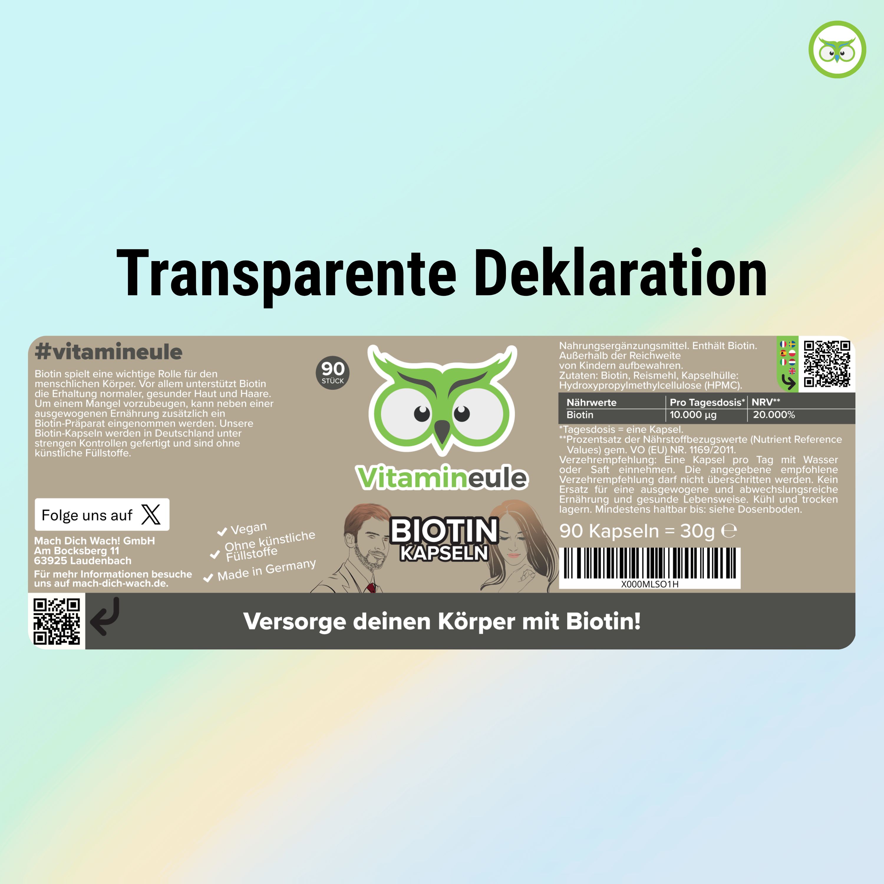 Etikett der Biotin Kapseln. 90 Kapseln. Vitamineule Logo. Transparente Deklaration. Inhaltsstoffe, Nährwerte. QR-Code.