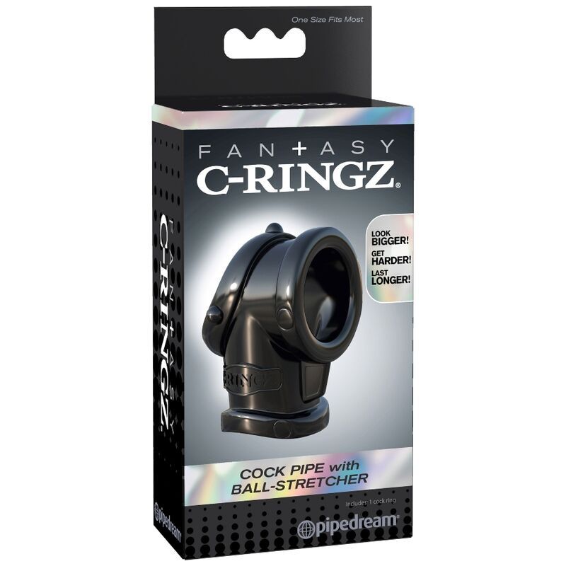 Schwarze Verpackung mit Produktabbildung. Text: FANTASY C-RINGZ, COCK PIPE with BALL-STRETCHER. Marke: pipedream.