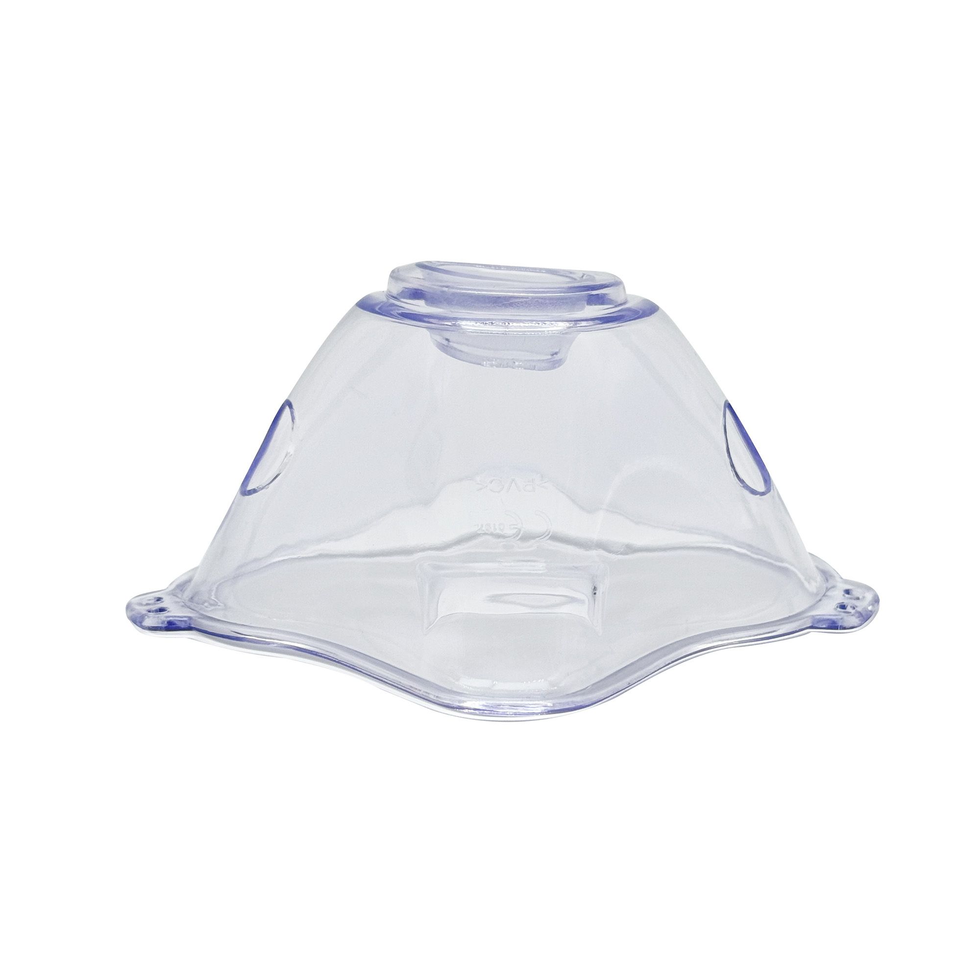 Transparente Inhalationsmaske für Erwachsene. Konische Form mit seitlichen Öffnungen. Befestigungspunkte an den Ecken.