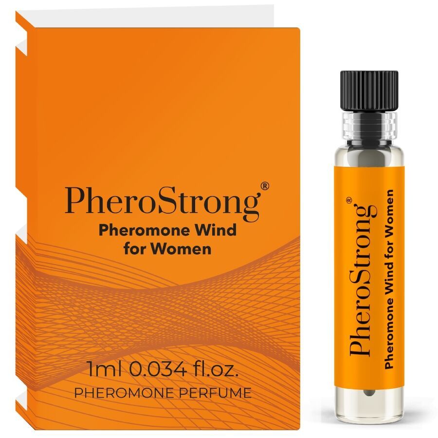 PheroStrong Pheromon Wind for Women Parfümprobe, 1ml. Orangefarbene Verpackung und kleine Glasflasche mit schwarzem Deckel.