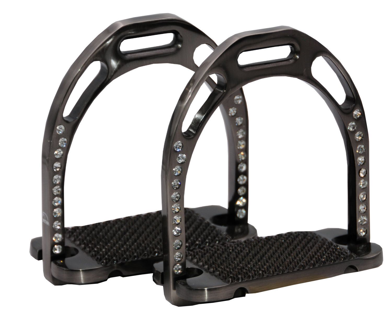 Zwei anthrazitfarbene Steigbügel aus Aluminium. Mit Strasssteinchen besetzt. Geriffelte Trittfläche.