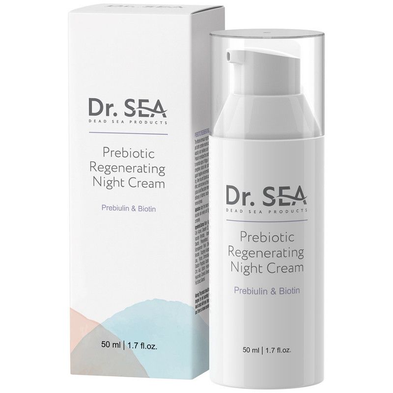Creme-Flakon und Verpackung. Aufschrift: Dr. Sea, Prebiotic Regenerating Night Cream, Prebiulin & Biotin.