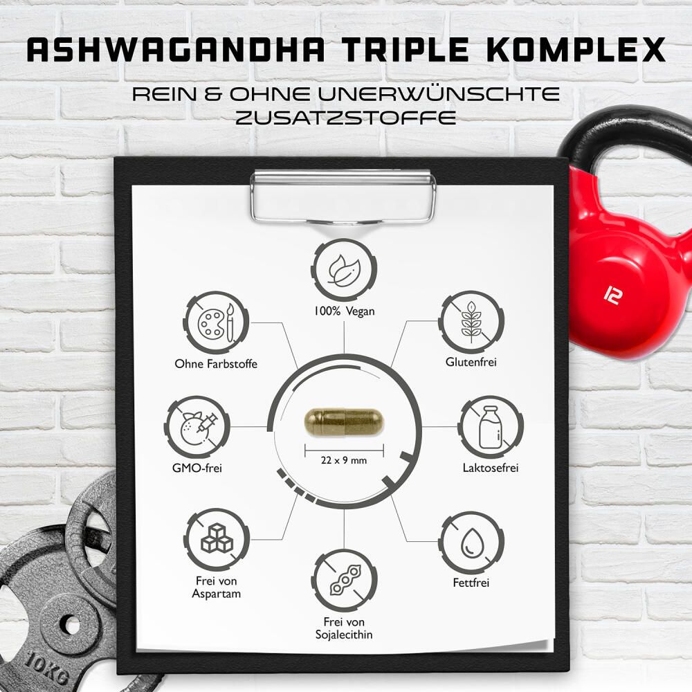 Infografik: Ashwagandha Triple Komplex, rein & ohne unerwünschte Zusatzstoffe. 100% vegan, glutenfrei, etc.