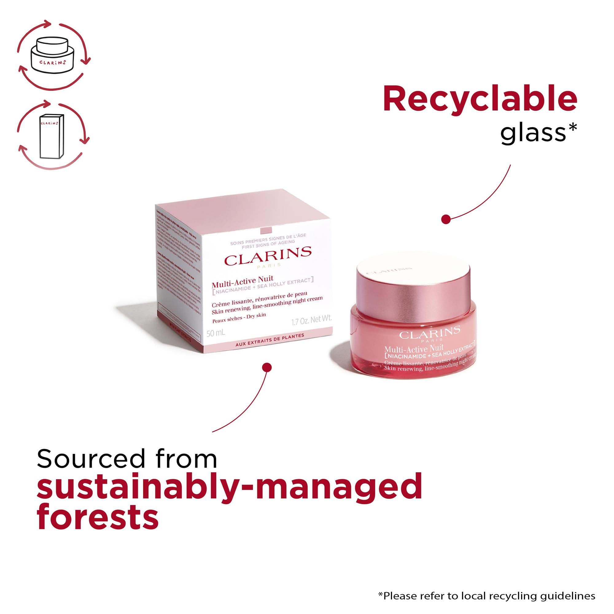 Produktverpackung und Tiegel. Text: Clarins, Multi-Active Nuit, Crème lissante, rénovatrice de peau. Recycelbares Glas. Aus nachhaltiger Forstwirtschaft.