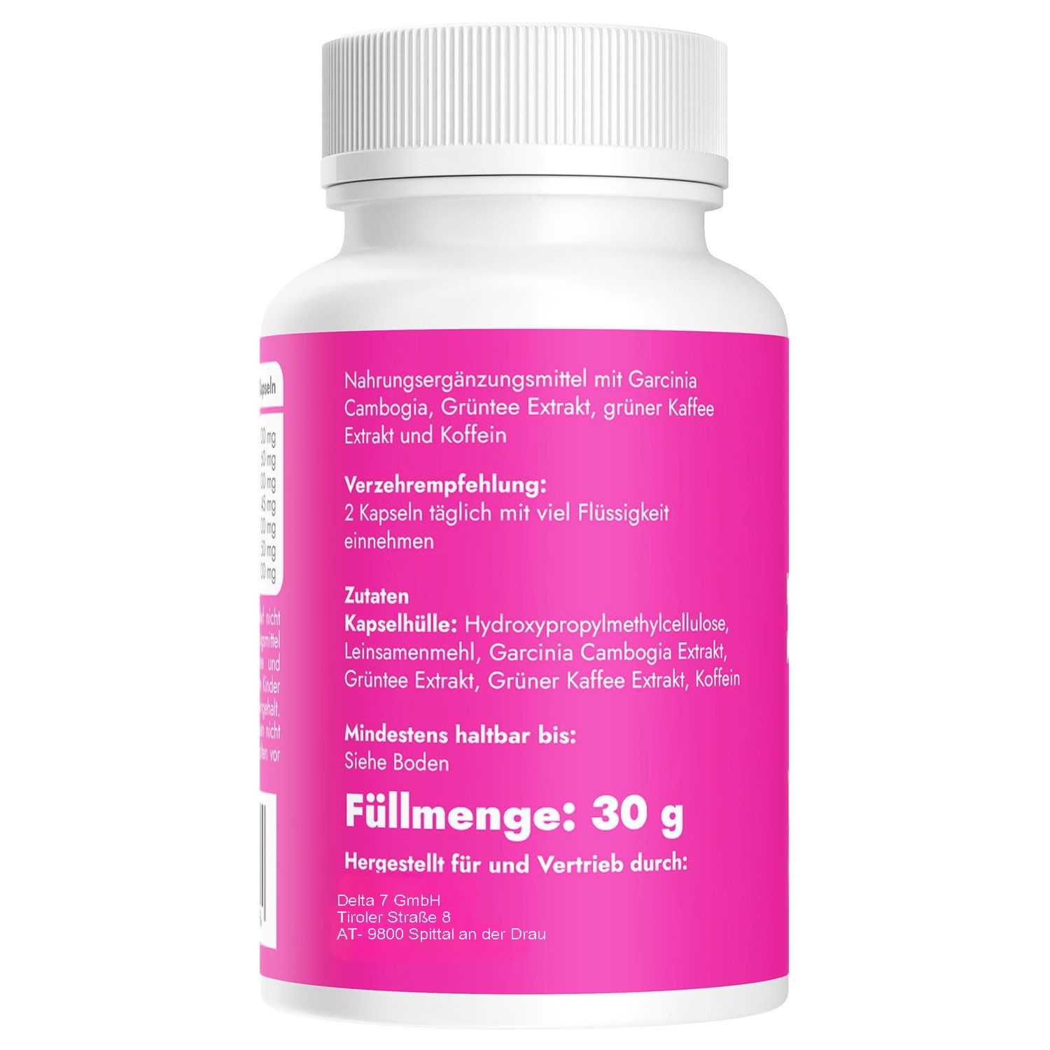 Rückseite der Flasche. Pinkfarbenes Etikett mit Text: Nahrungsergänzungsmittel mit Garcinia Cambogia, Grüner Kaffee Extrakt, Koffein. 30 g.