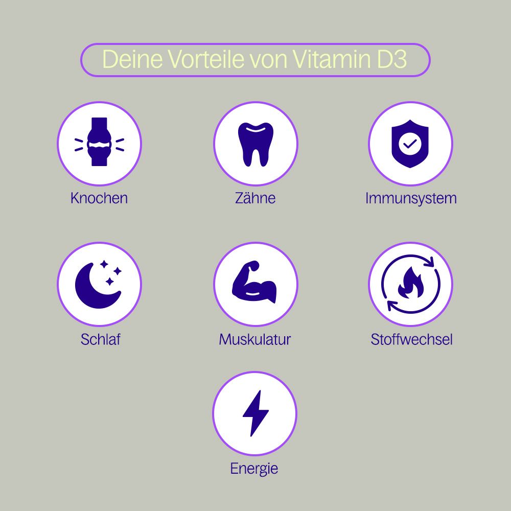 Grafik mit Icons: Knochen, Zähne, Immunsystem, Schlaf, Muskulatur, Stoffwechsel, Energie. Überschrift: Vorteile von Vitamin D3.
