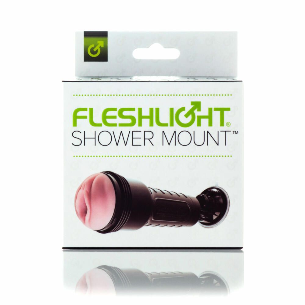Verpackung mit Produktabbildung. Aufschrift: Fleshlight Shower Mount. Produkt in Schwarz und Rosa.
