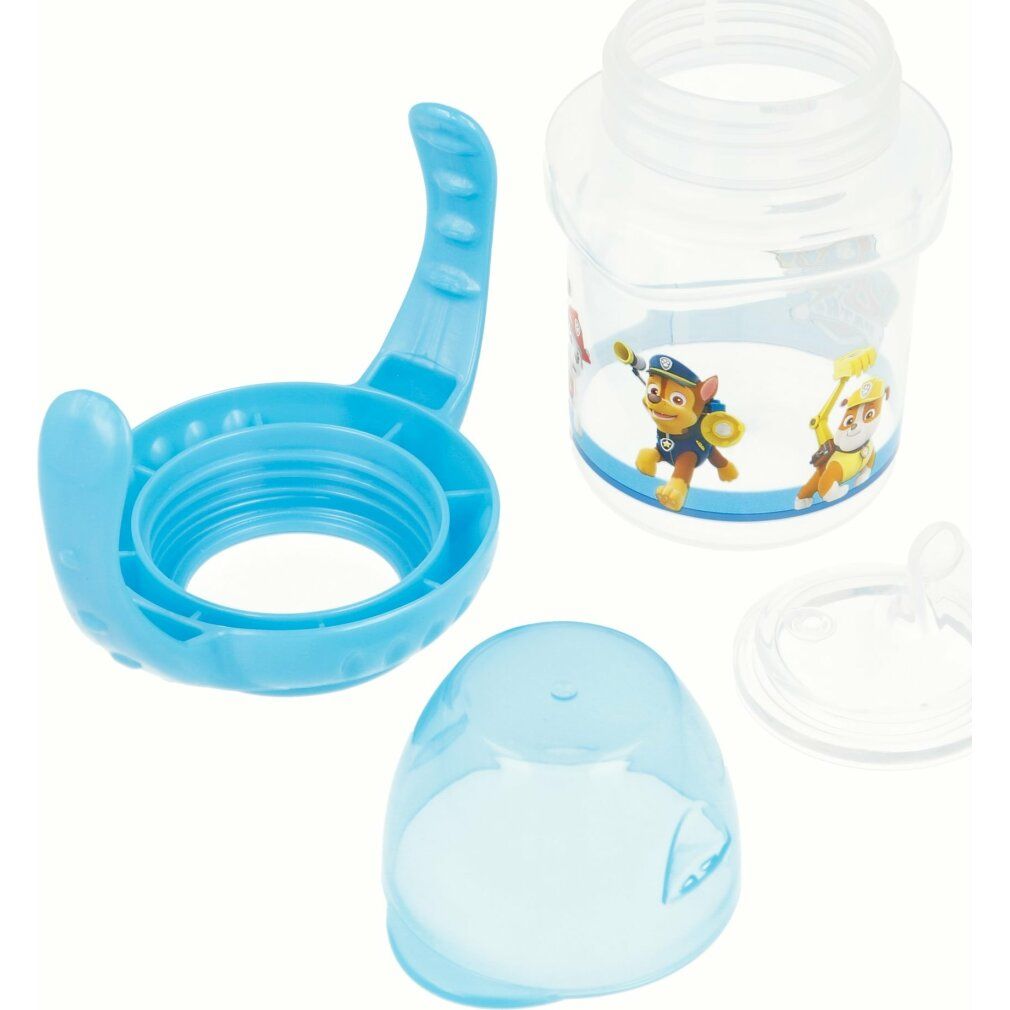 Zerlegter Becher mit Ohren und Silikonmundstück. Einzelteile: Becher, Deckel, Mundstück und Griff. Paw Patrol-Figuren.
