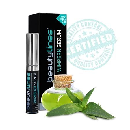 Beautylines Wimpernserum mit Verpackung, Aloe Vera und Qualitätssiegel. Schwarze Verpackung, Flasche mit silbernem Deckel. Qualitätssiegel.